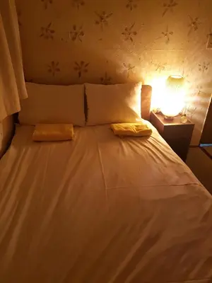 a bed with two pillows on it in a room at Shinjuku Sky hostel in Tokyo