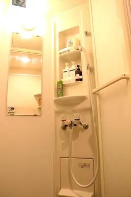 a bathroom with a sink and a toilet and a mirror at Kingyosou in Tokyo