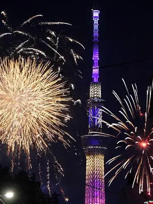a fireworks display with the eiffel tower at night at Ryokan Nakadaya in Tokyo