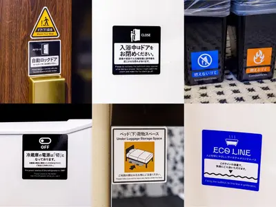 a collage of pictures with different signs on a refrigerator at APA Hotel Tokyo Itabashi Ekimae in Tokyo