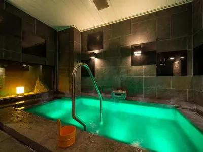 a bathroom with a tub with green water at Super Hotel Tokyo Shiba in Tokyo