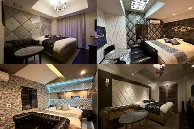 three pictures of a hotel room with two beds at HOTEL EXE (Adult Only) in Tokyo