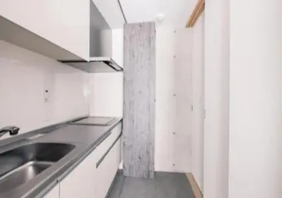 a white kitchen with a sink and a counter at SPATIUM GINZA in Tokyo