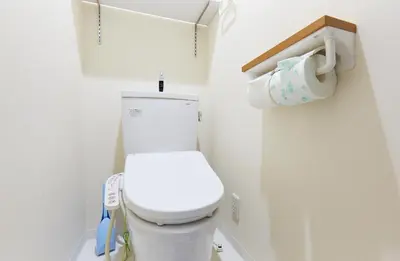 a small bathroom with a toilet and a roll of toilet paper at H-Nishikamata ColorBee House in Tokyo