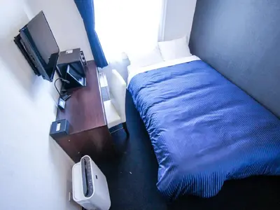 a small bedroom with a bed and a tv at HOTEL LiVEMAX Tokyo Shiomi Ekimae in Tokyo
