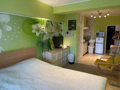 a room with a bedroom with a bed and a kitchen at only 2 stops to shibuya sangenjaya apt in Tokyo