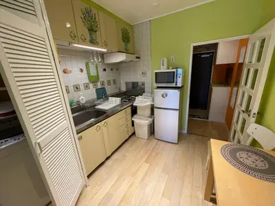 a small kitchen with a sink and a refrigerator at only 2 stops to shibuya sangenjaya apt in Tokyo
