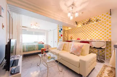a living room with a couch and a bedroom at Papillon Paradis Higashi-Shinjuku in Tokyo