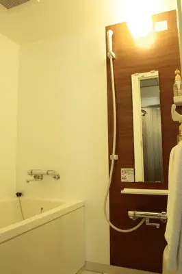 a bathroom with a shower and a sink and a mirror at Hotel New Takada in Tokyo