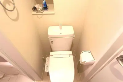 a small bathroom with a toilet and a roll of toilet paper at Shibuya Stay Tokyo B102 in Tokyo