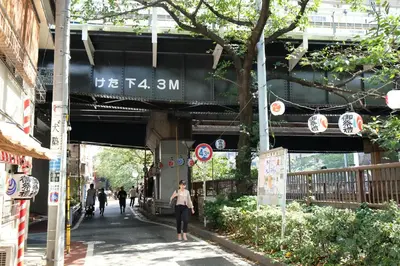 a person walking down a street under a bridge at COCO Nakameguro 201 in Tokyo