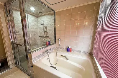 a bathroom with a tub and a glass shower at Richmond Hotel Tokyo Mejiro in Tokyo