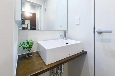 a bathroom with a white sink and a mirror at Suiren Residential Suite Tokyo in Tokyo