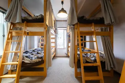 a room with four bunk beds and a hallway at TOP EDGE HOSTEL Koenji in Tokyo