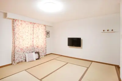 an empty room with a tv and a curtain at Hanabi Hotel in Tokyo