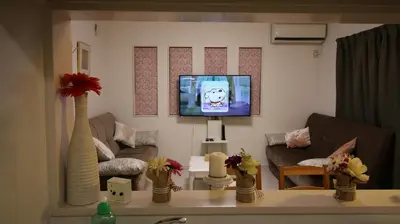 a living room with a couch and a tv at COCO Shinjuku HOTEL in Tokyo