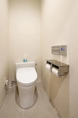 a bathroom with a white toilet in a stall at Hotel Owl Tokyo Shinbashi in Tokyo