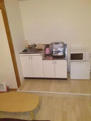 a small kitchen with a sink and a microwave at Nice Hostel Kameari in Tokyo