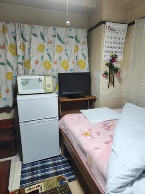 a small bedroom with two beds and a tv at \u30db\u30c6\u30eb\u3072\u304b\u308a in Tokyo