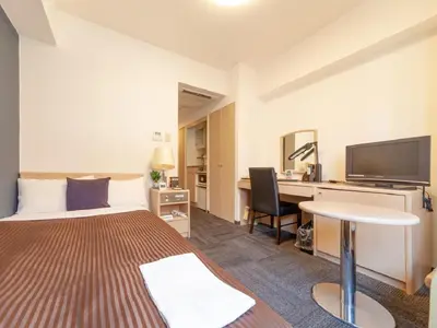a hotel room with a bed and a desk at HOTEL LiVEMAX BUDGET Shinbashi in Tokyo