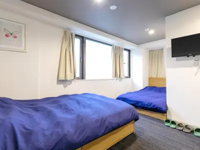 a bedroom with two beds and a flat screen tv at Hotel Cocoro Inn Asakusa Kuramae in Tokyo
