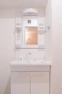 a white bathroom with a sink and a mirror at LY INN Ryogoku Annex in Tokyo