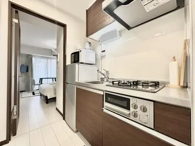 a kitchen with a sink and a stove top oven at LANG Hotel GINZA 1K in Tokyo