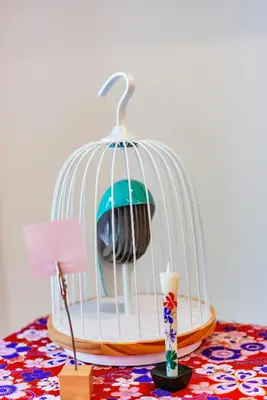 a bird cage with a person in it on a table at plat hostel keikyu asakusa karin in Tokyo