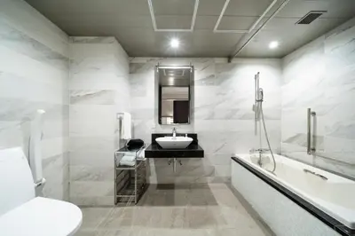 a bathroom with a sink and a mirror and a tub at KOKO HOTEL Premier Nihonbashi Hamacho in Tokyo