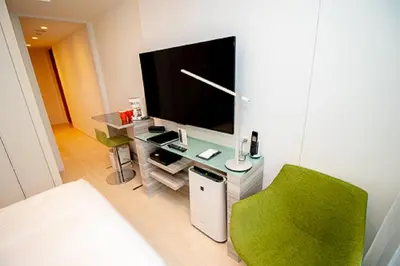 a living room with a tv and a green chair at Oakwood Apartments Minami Azabu Tokyo in Tokyo