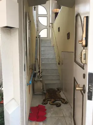 a tiger laying on the floor next to a staircase at near shibuya quiet residential area in Tokyo