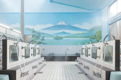 a bathroom with a mountain mural on the wall at HOTEL DCUBE in Tokyo
