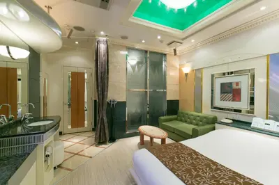 a hotel room with a bed and a bathroom at HOTEL D-WAVE Shinjuku\uff08Adult Only) in Tokyo