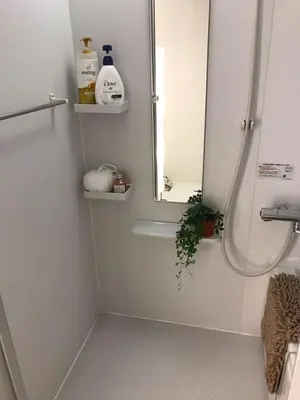 a bathroom with a shower with a mirror and a sink at Oku-Shibu Residence in Tokyo