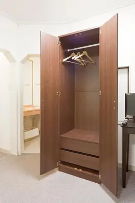 a closet with a wooden door in a room at Shin-Okubo City Hotel in Tokyo