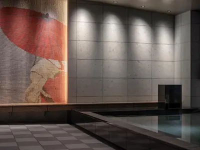 a picture of a person holding an umbrella in a window at Mitsui Garden Hotel Ginza-gochome in Tokyo