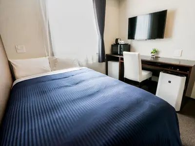 a hotel room with a bed and a desk and a television at HOTEL LiVEMAX Kayabacho in Tokyo