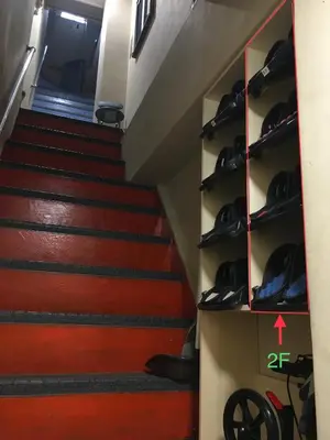 a staircase with a bunch of shoes at 2F female and lover of man and woman only room in Ueno in Tokyo