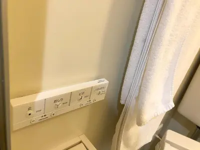 a bathroom with a white towel hanging on a wall at Business Hotel Sunpalace in Tokyo