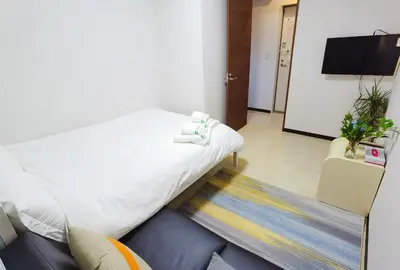 a hotel room with a bed and a flat screen tv at Mitsuba Guest House in Tokyo