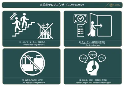 a set of four signs about guest noise at nestay house tokyo itabashi 01 in Tokyo