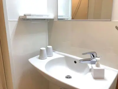 a bathroom with a white sink and a mirror at The Edo Sakura in Tokyo
