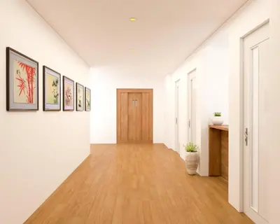 a hallway with white walls and a wooden door at Asakusa HomeSuites Tokyo in Tokyo