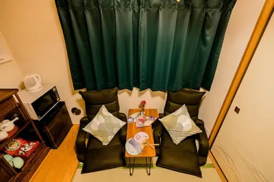 a living room with two chairs and a table with pillows at Bunkyo-ku Hakusan House in Tokyo