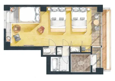 a floor plan of a room with two beds at Sakura Cross Hotel Tokyo Kayabacho in Tokyo