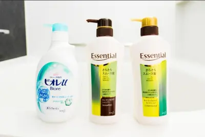 a group of four bottles of cleaning products on a counter at Shibuya Lions Mansion#1DK in Tokyo