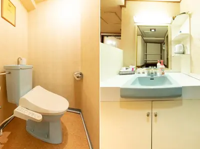 two pictures of a bathroom with a toilet and a sink at Tabist Hotel Florida Ikebukuro in Tokyo