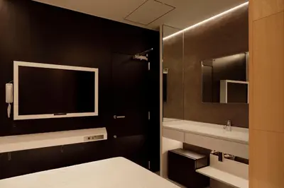 a bathroom with a television and a bed and a sink at hotel min \u5927\u4eba\u5c02\u7528 in Tokyo