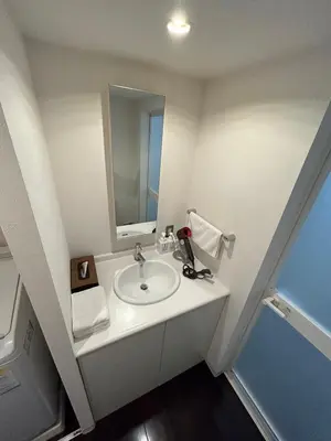a white bathroom with a sink and a mirror at NIYS apartments 0074 type in Tokyo
