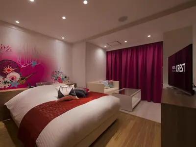 a bedroom with a large bed and purple curtains at Hotel Crest Hirai (Adult Only) in Tokyo